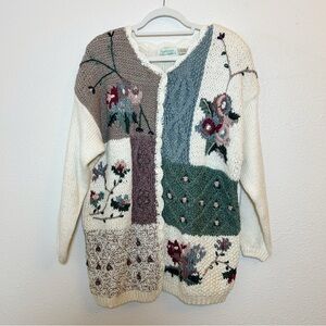 Vintage Hand Knit Sweater Cardigan Large Cottagecore Embroidered Granny Squares